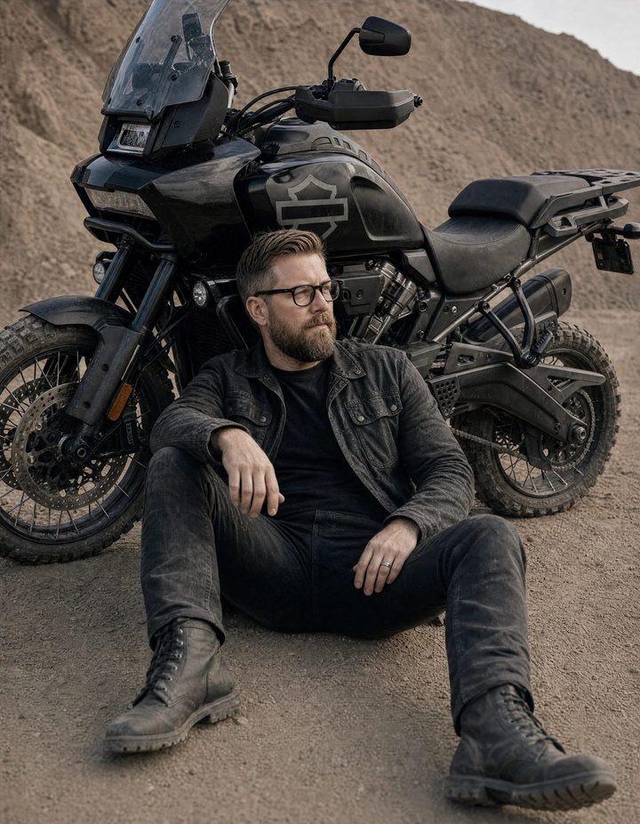 Chris Dornhoff sitting in front of his Harley-Davidson Pan America